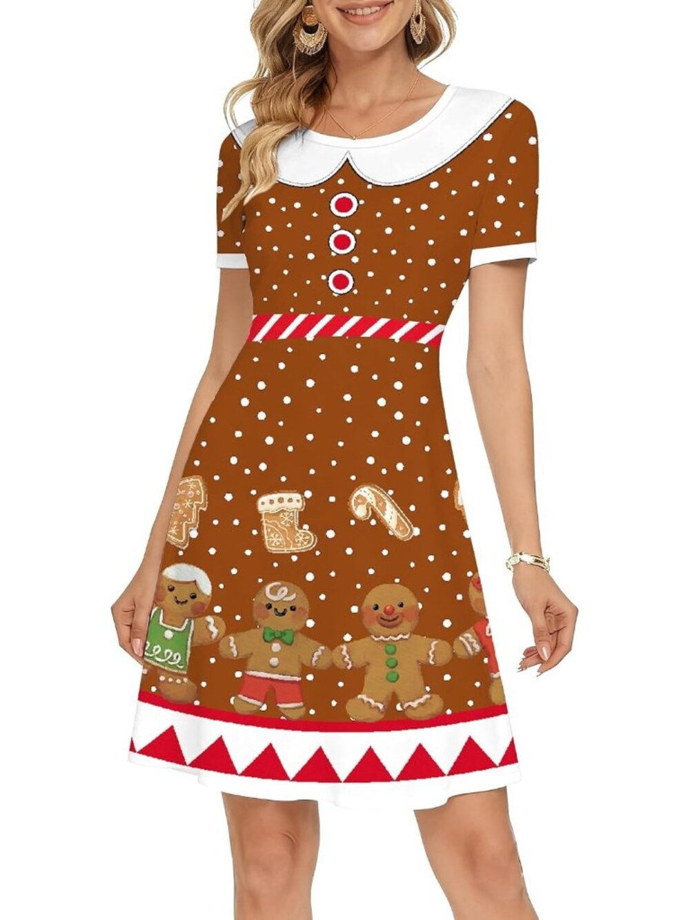 Women's Brown Holiday Party Ugly Xmas Print Short Sleeves Christmas Dresses